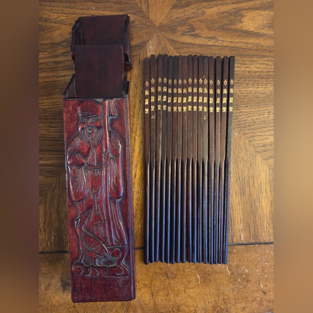 Vintage Carved Wood Flip Top Box Chopsticks Set for 8